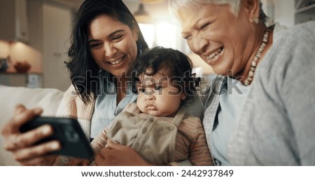 Selfie, woman and senior grandmother with baby bonding together on a sofa for relaxing at home. Happy, smile and female person taking a picture with elderly person in retirement with child in lounge.
