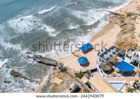 View of the coast, Accra, Ghana. Resort, beach and Atlantic Ocean, top view, aerial view, Ghana, Accra.