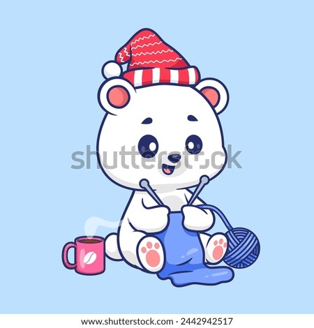 Cute Polar Bear Knitting Fabric With Coffee Cartoon Vector Icon Illustration. Animal Drink Icon Concept Isolated Premium Vector. Flat Cartoon Style
