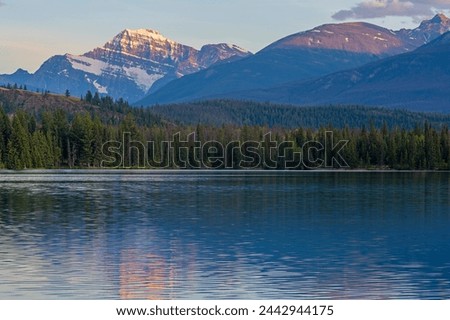 Beauvert lake canadian rockies sunset reflection, Jasper national park, Canada. Royalty-Free Stock Photo #2442944175
