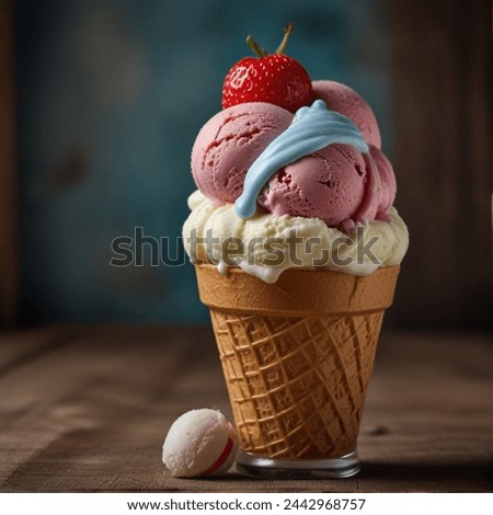 Creamy ice cream with vanilla and strawberry flavors combined with strawberries as topping makes the picture even more tempting
