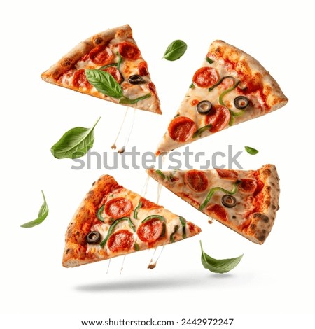 Pizza slices flying, isolated on white background. Delicious peperoni pizza slices pepperonis and olives, floating pizza pieces with melting cheese with basil leaves flying. Italian style pizza slices