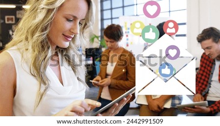 Image of digital interface with social media icons over woman using digital tablet in an office. Global digital social media network digitally generated image.