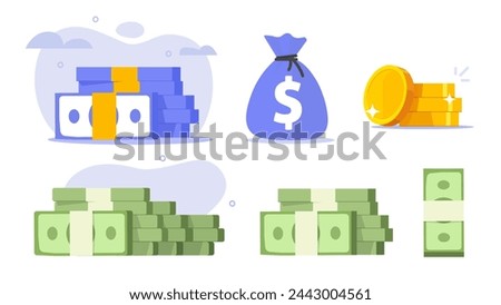 Money cash pile stack icon set graphic illustration, dollar currency bag sack blue color design flat cartoon 3d, gold coins modern, banknotes bill heap paper purple green yellow image clip art