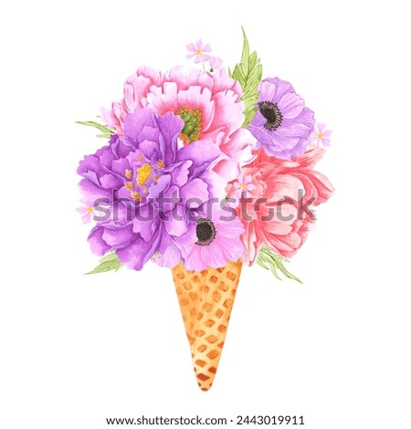 Hand drawn watercolor flowers bouquet in ice cream cone isolated on white background. Can be used for post card, label and other printed products