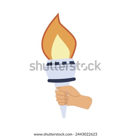 Torches with burning flame in hand. Symbol of sport, games, victory and champion competition holding human arm. Vector flat illustration isolated on white background.