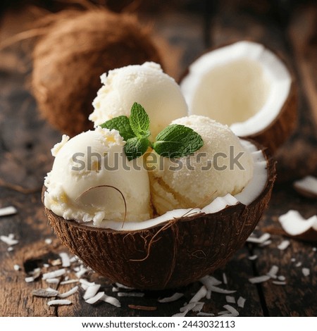 a bowl of coconut ice cream with mint leaves, sitting in an open coconut shell on a dark wood background. Bright and soft lighting, high resolution photography in the style of stock photo. Focus stack