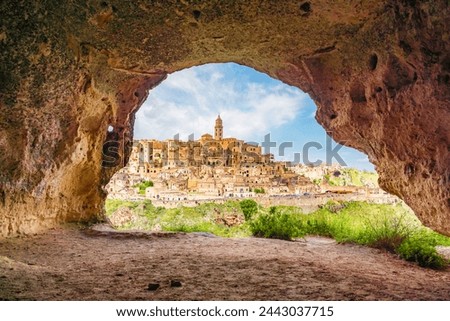 View of the ancient town of Matera, Sassi di Matera in Basilicata, southern Italy. grotto cave on Sassi di Matera
