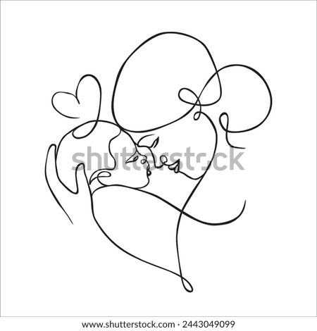 Vector cute illustration of mother and baby. Black and white linear art, drawing on a white background. Mother's day. Mom and newborn.