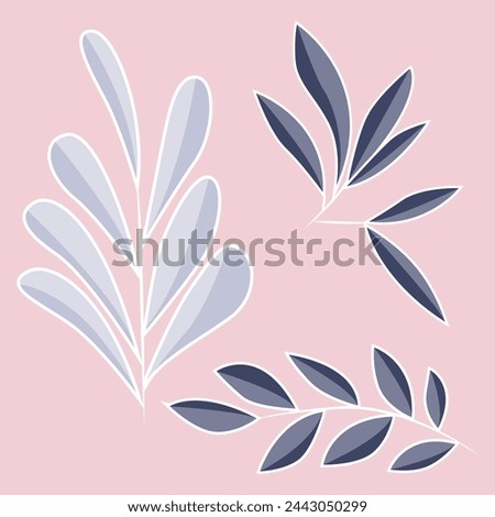 Modern set of branches with violet leaves. Delicate shades. Botanical elements of unusual colors. Flat vector illustration.