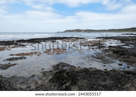 Flinders Pier and beach with black rocky formation in foreground on the Mornington Peninsula, Victoria, Australia