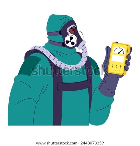 Worker in safety suit holds geiger counter in hand, measures level of radiation pollution with equipment. Person takes precautions to radioactive danger. Flat isolated vector illustration on white Royalty-Free Stock Photo #2443073359