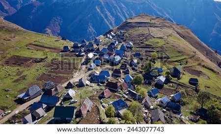 Mountain village Lukomir in Bosnia and Herzegovina. Unique and traditional village. Unique village in Europe. Medieval traditional way of living. Rural tourism and holidays. Royalty-Free Stock Photo #2443077743