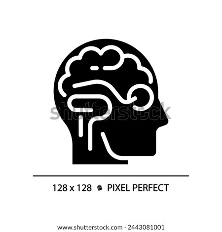 2D pixel perfect glyph style brain and eye icon, isolated simple vector, silhouette illustration representing eye care.