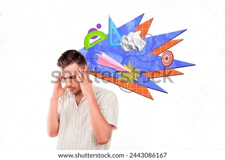 Abstract template graphics collage image of tired overworked guy having many working ideas isolated white color background