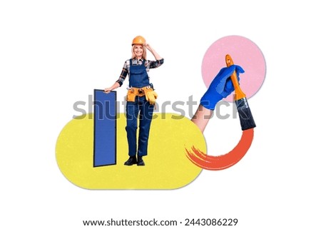 Creative collage picture standing young cheerful handywoman uniform headwear protection paintbrush renovation white background