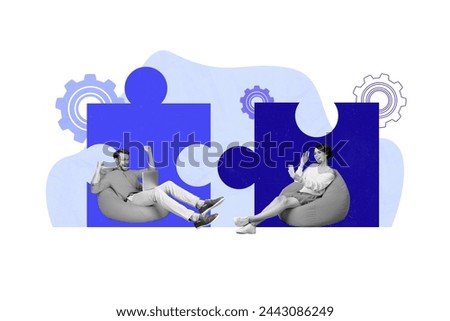 Creative picture collage young sitting colleagues remote work freelancers match puzzle game logic gears coworking successful solution