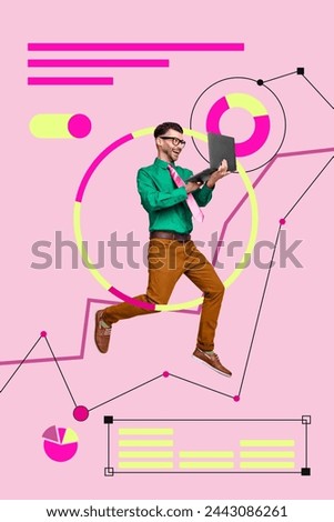 Vertical collage picture young crazy excited man interface presentation laptop remote worker employee project management success