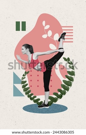 Composite sketch image trend artwork 3D photo collage of black white silhouette young active sportswoman make stretching outdoors