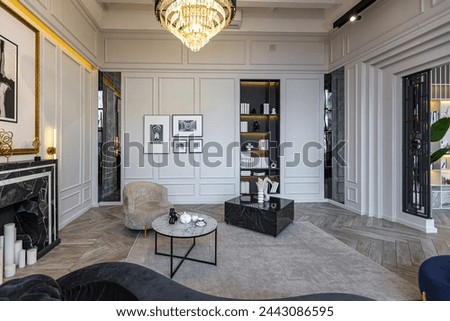 stylish cozy light bright luxurious spacious interior of a country house white walls with ornaments, fireplace, work area and recreation area without people during the day