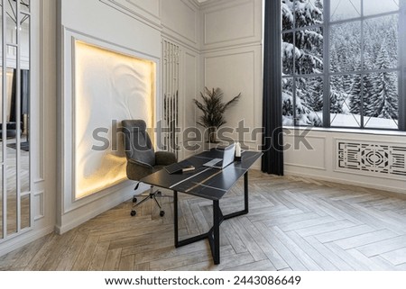 bright luxurious expansive interior of country chalet with stunning views of winter forest through panoramic windows white walls with ornaments, fireplace, work and sitting area without people daytime