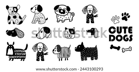 Cute vector poster with decorative dogs. Clip art. Set.