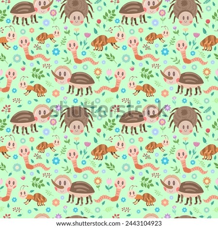 Seamless pattern with cute baby insects - rhinoceros beetle, worm, ant. Children's print, flat vector