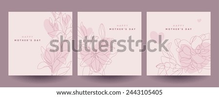 Happy Mother's Day greeting cards set with flowers and hearts. Continuous line art illustrations.  Royalty-Free Stock Photo #2443105405