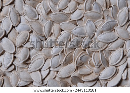 Pumpkin seeds background, flat lay stock photo. High quality photo