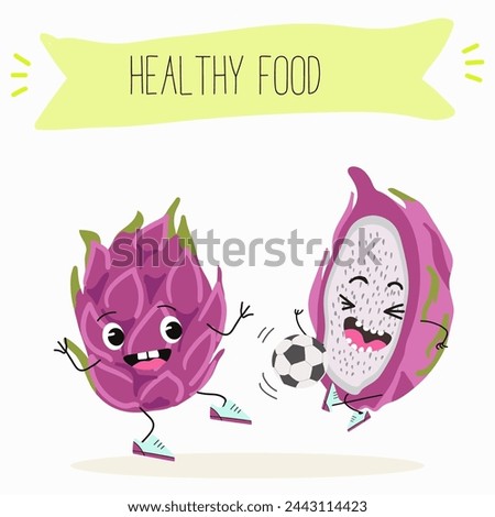 Cute characters pitaya, dragon fruit, pitahaya with different activities. Flat vector illustration, funny fruits. Smiling mascot for kids menu decoration.