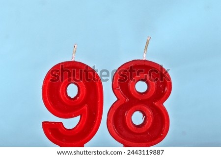 close up on a red number ninety eighth birthday candle on a white background.

