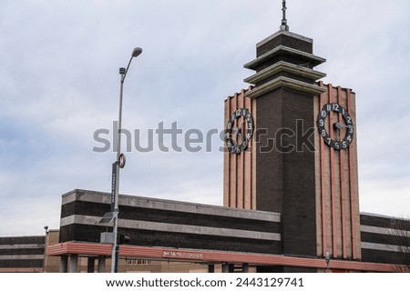 A clock tower with Art Deco and Art Moderne styling.