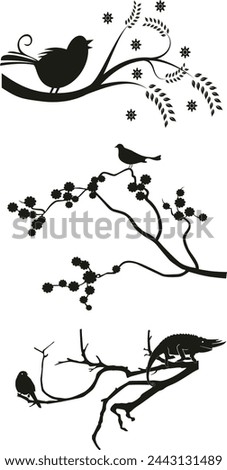 sets of birds sitting on a tree silhouette vector