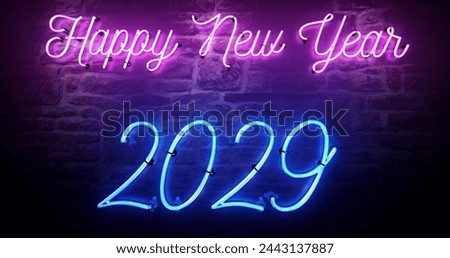 Bright Pink Neon sign that says Happy New Year 2029, new years eve party sign