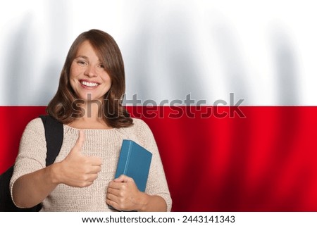 Happy woman student against Polish flag background. Travel, education and learn language in Poland concept Royalty-Free Stock Photo #2443141343