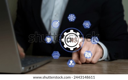 Content management system concept. Web developer who uses computer software or an application that uses a database to manage content to develop a website.