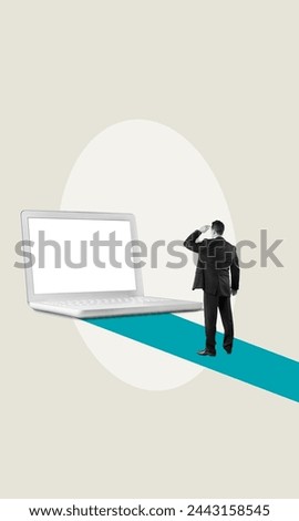 Collage of mini business man and huge laptop Royalty-Free Stock Photo #2443158545