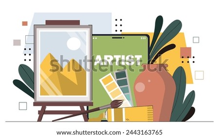 Artists equipment concept. Palettes with paintbrushes near canvas with picture. Art and craft in workshop or studio. Cartoon flat vector illustration isolated on white background
