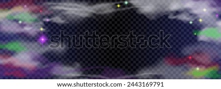 Flows of magic dust with glitter particles and sparkles. Vector realistic set of flowing violet clouds of fog or steam with shimmer isolated on black background