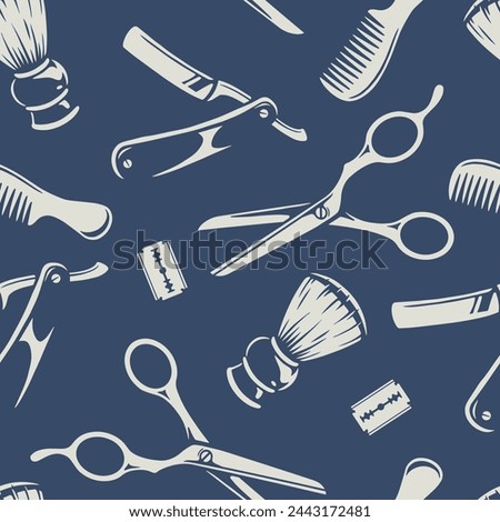 Hairdressing salon pattern seamless monochrome with dangerous beard blade and scissors near brush for applying shaving foam vector illustration