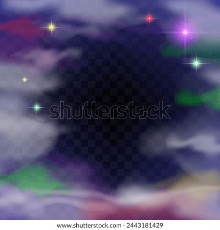 Flows of magic dust with glitter particles and sparkles. Vector realistic set of flowing violet clouds of fog or steam with shimmer isolated on black background