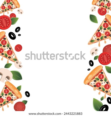 Hot vegetarian pizza slices and ingredients frame template. Italian food. Pizza with tomato, basil leaves, black olives, mushrooms and mozzarella cheese. Hot pizza. isolated on white background