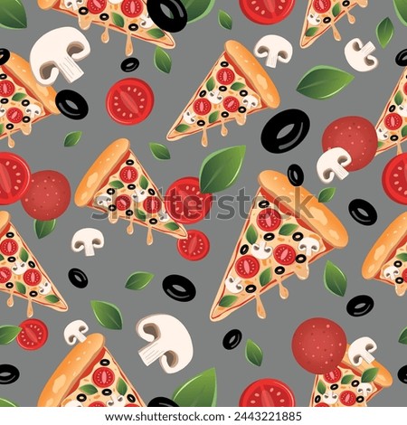 Hot vegetarian pizza slices and ingredients seamless pattern. Italian food. Pizza with tomato, basil leaves, black olives, mushrooms and mozzarella cheese. Hot pizza. isolated on white background