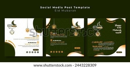 Set of social media post template with outline of lantern and moon ornamental design for eid mubarak or ramadan kareem. islamic background in green white design for eid mubarak