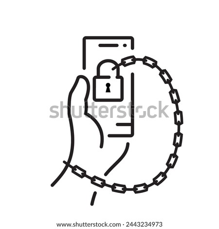 Internet addiction black line icon. Hand in handcuff with chain holds smartphone. Nomophobia concept. Digital dependence detox. Habit of using social networks and media. Vector flat design.