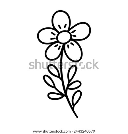 Chamomile flower. Sprig with blooming daisy. Black and white vector doodle style illustration hand drawn. Single floral element contour. Icon, card or clip art. Spring and summer season