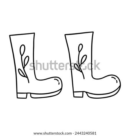 Rubber boots for gardening or farming with twigs. Black and white vector isolated illustration hand drawn. Village life. Spring and summer season clip art