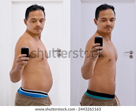 Man, selfie and goals with diet, fitness and workout results with body satisfaction and weight loss. Guy, health and wellness with exercise, smartphone and smile for happiness with proud achievement