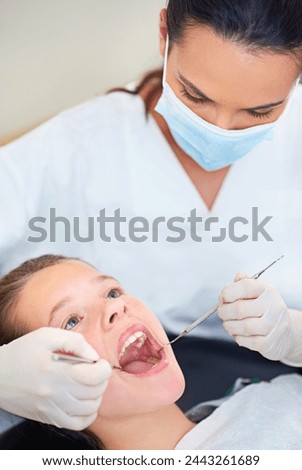 Girl, kid and dental inspection at dentist with healthcare tool, consultation and safety mask for oral health. Professional, child patient or glove hand for teeth cleaning, gingivitis or medical care Royalty-Free Stock Photo #2443261689