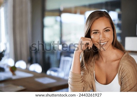 Happy, relax and portrait of woman in home for rest, calm and smile on weekend afternoon. House, living room and face of person with joy, confidence and pride on holiday, vacation and free time